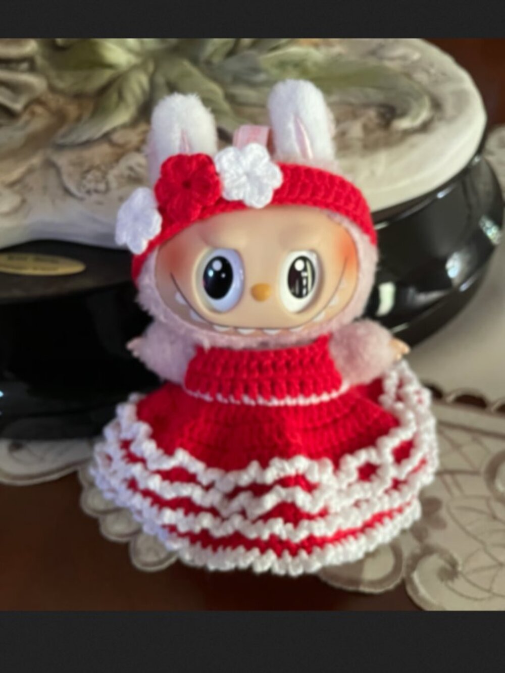 Labubu dress and flower head band crochet hand made